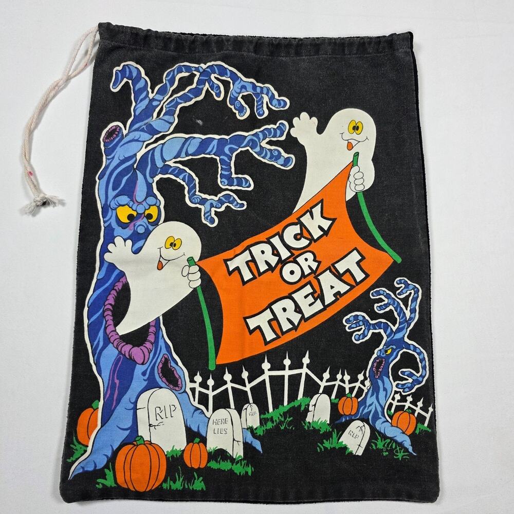 Vintage Halloween Trick or Treat Candy Bag Ghost Drawstring Double Sided